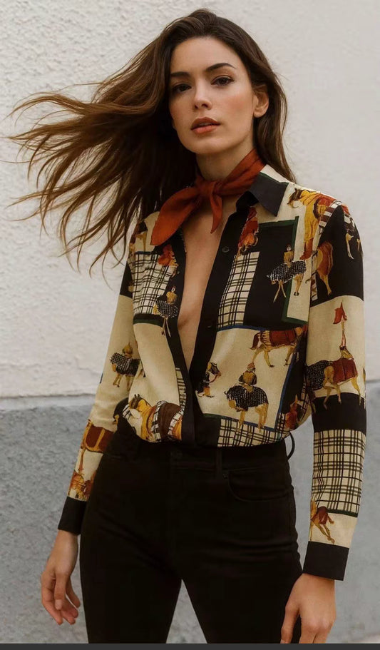 Chemise imprimé équestre fond beige