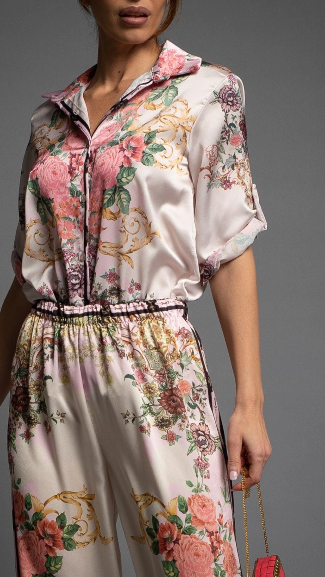 ENSEMBLE 2 PIÈCES CHEMISIER MANCHES COURTES ET PANTALON FLOWER BARROCCO ROSE