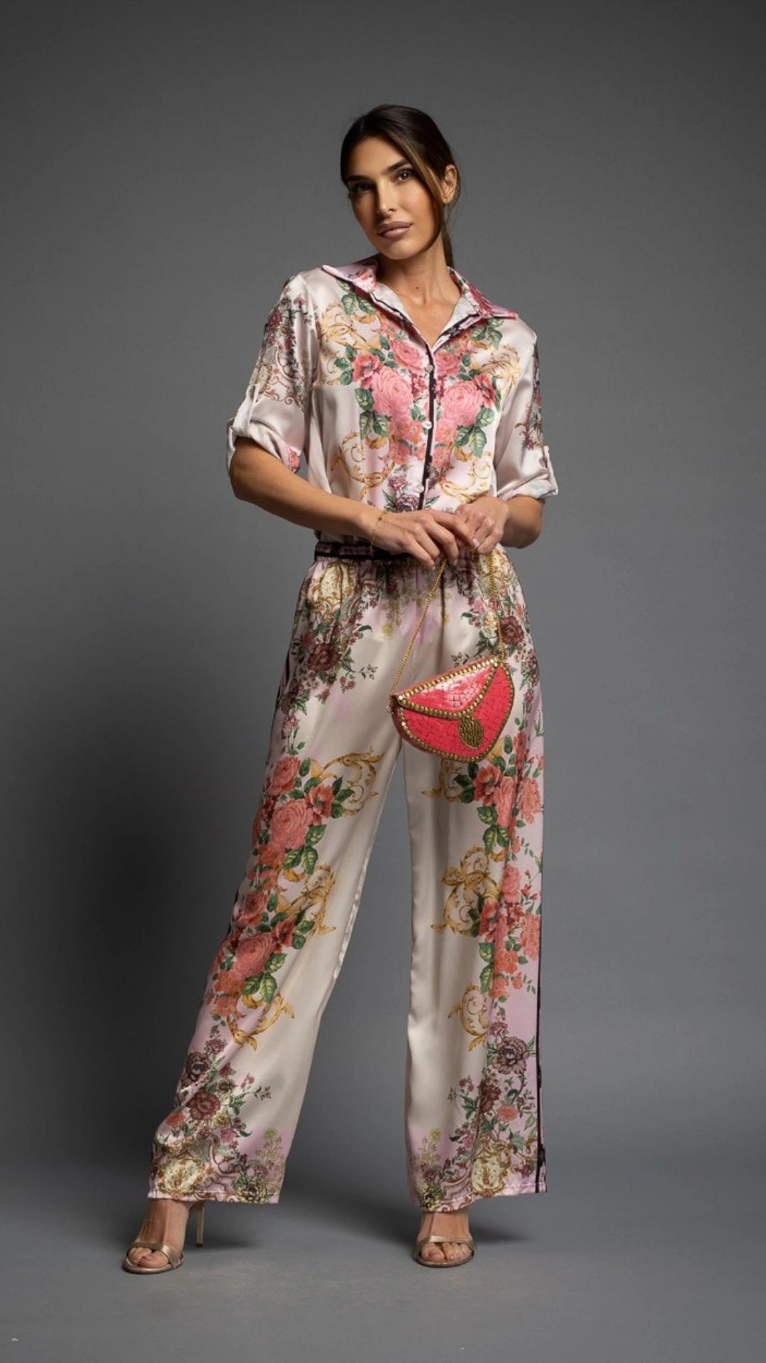 ENSEMBLE 2 PIÈCES CHEMISIER MANCHES COURTES ET PANTALON FLOWER BARROCCO ROSE