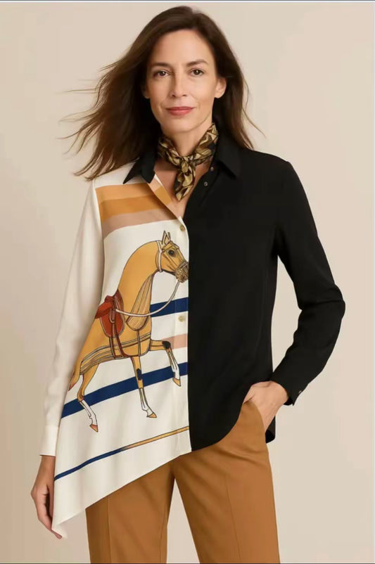 Chemise bimatière imprimé équestre