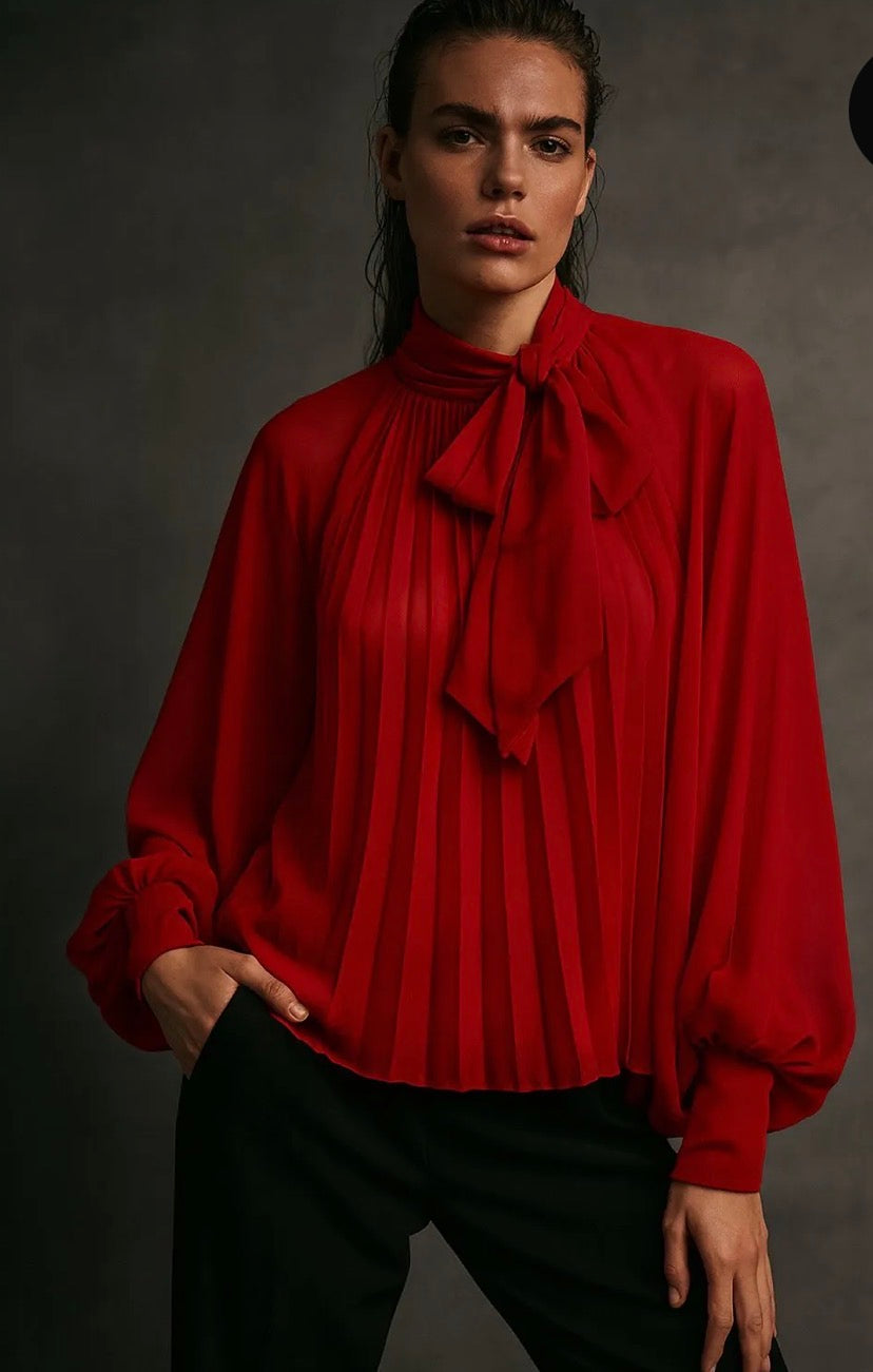 Blouse avec noeud lavallière manches bouffantes