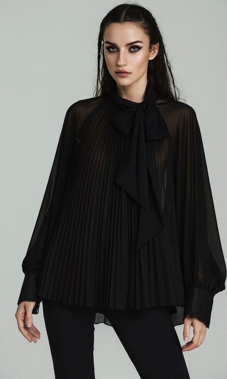 Blouse avec noeud lavallière manches bouffantes