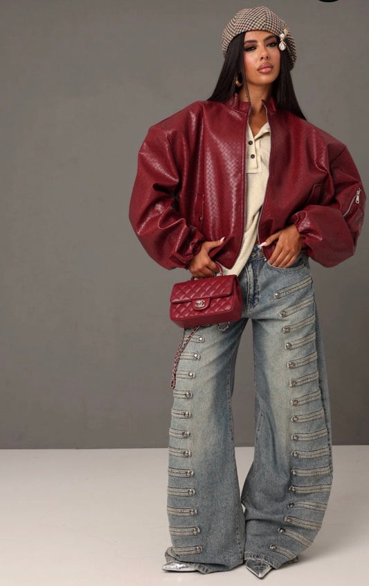 Veste bomber oversize en similicuir effet tressé avec col montant fermeture zippée et épaules très stucturées