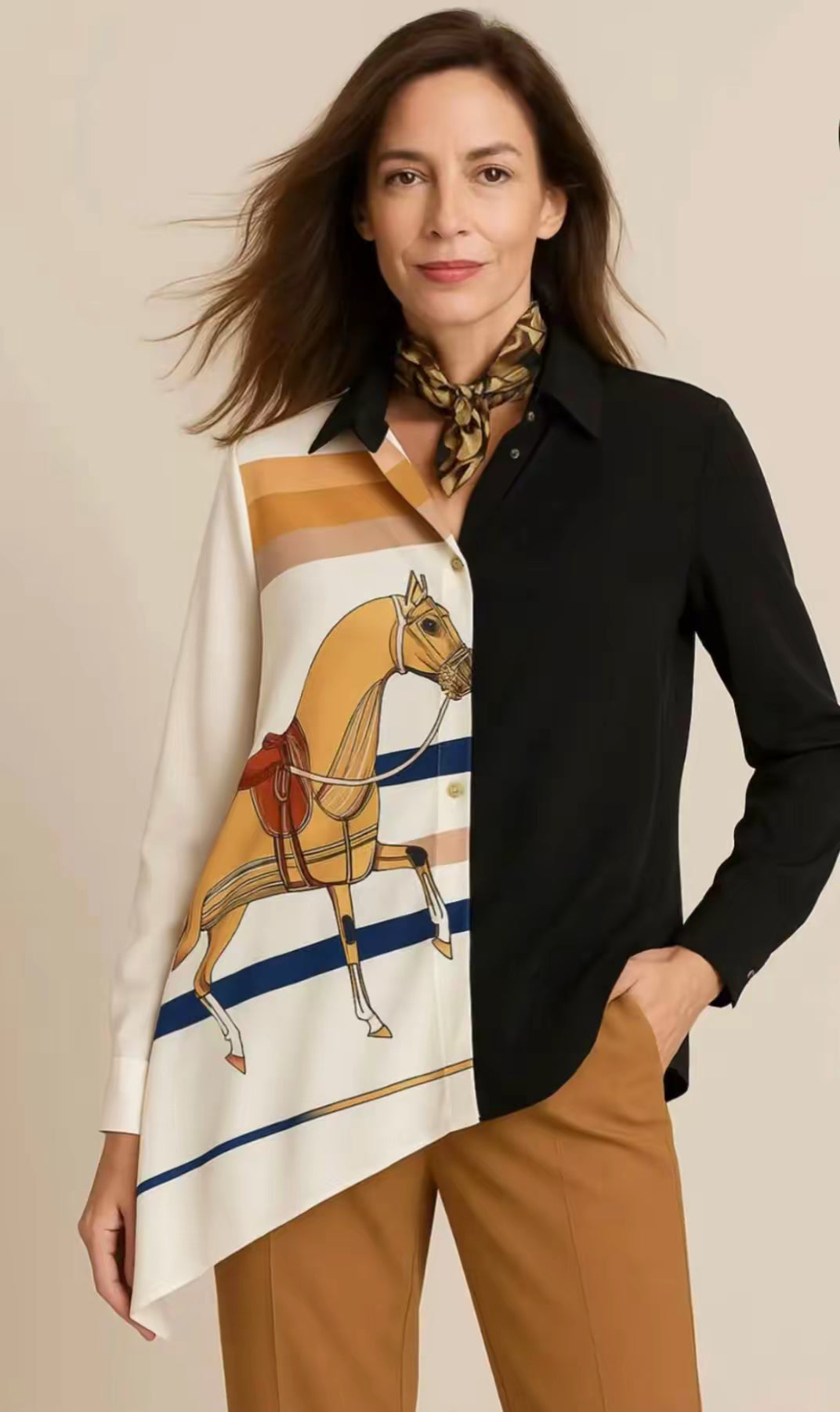 Chemise bimatière imprimé équestre