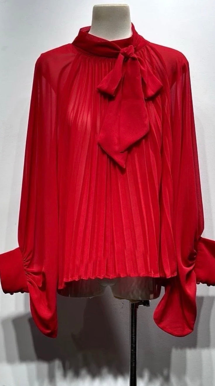 Blouse avec noeud lavallière manches bouffantes