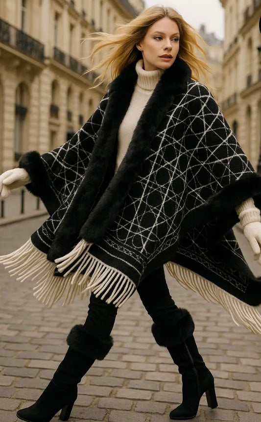 CAPE GRAPHIC NOIR & ÉCRU À BORDURE FOURRURE