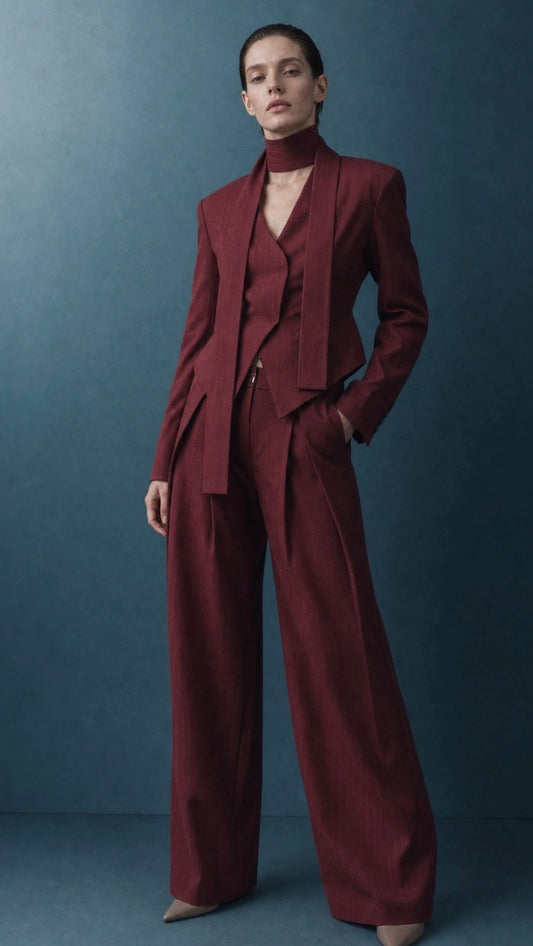 Pantalon large en tissu sergé à rayures. Bordeaux