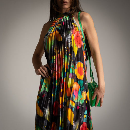 ROBE PLISSÉE EN SATIN IMPRIMÉ NOIR