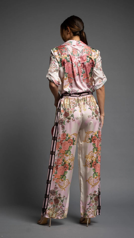 ENSEMBLE 2 PIÈCES CHEMISIER MANCHES COURTES ET PANTALON FLOWER BARROCCO ROSE